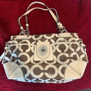 Coach Signature Op Art Peyton Carryall Satchel Style 14515 in Brown and Cream